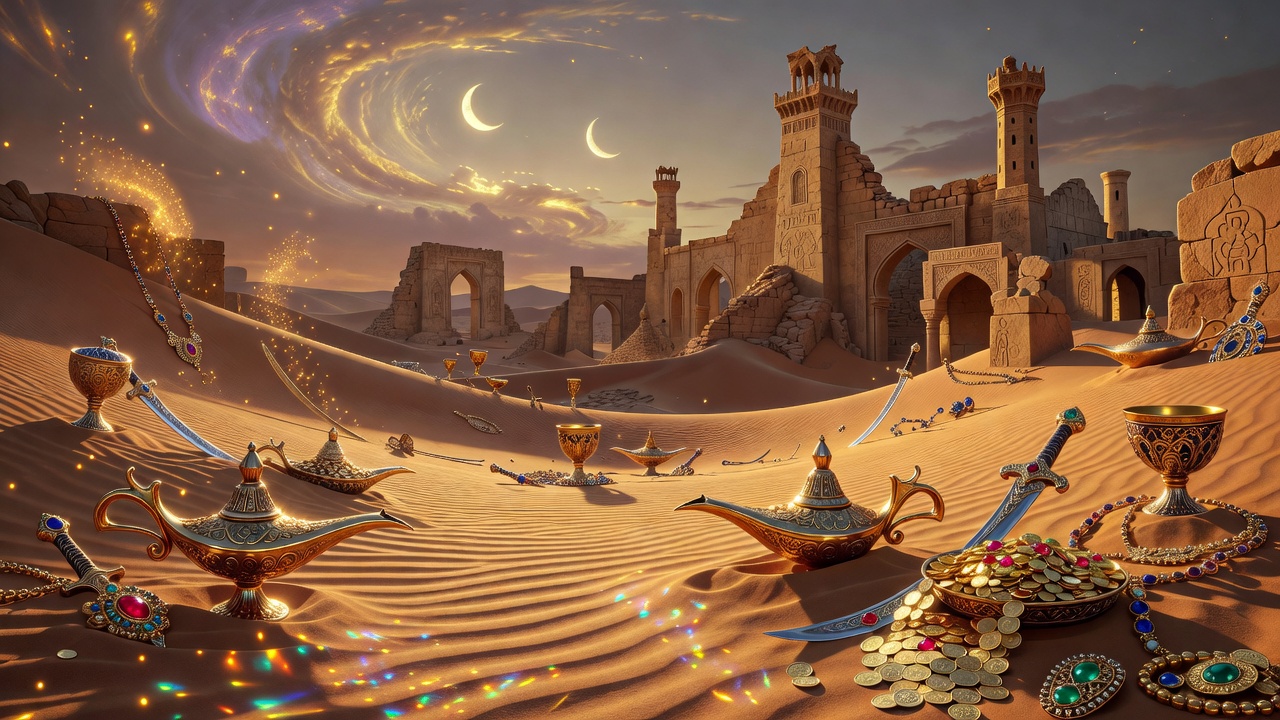 Arabian Nights Game Cover Art exhibiting mystical desert sands and golden treasures