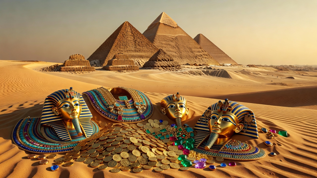 Egypt Slot Game Cover Art depicting ancient pyramids and pharaoh treasure artifacts